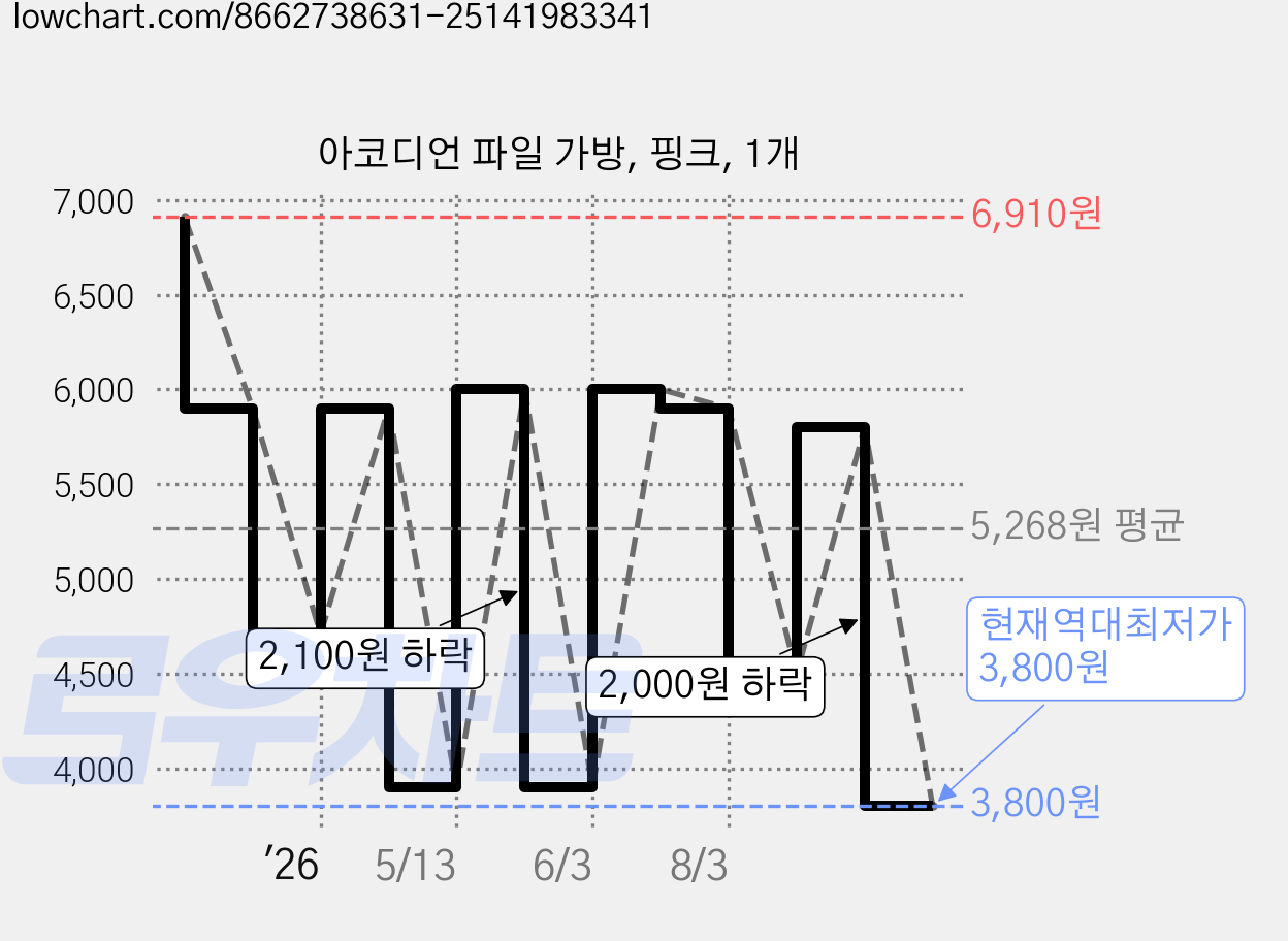 아코디언 파일 가방, 핑크, 1개 가격 변동 차트, 현재가 3,800원, 역대최저가