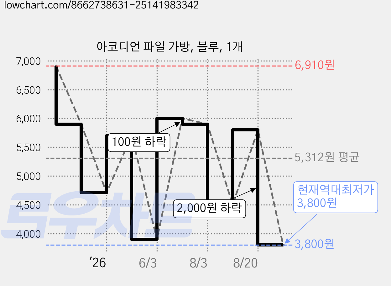 아코디언 파일 가방, 블루, 1개 가격 변동 차트, 현재가 3,800원, 역대최저가