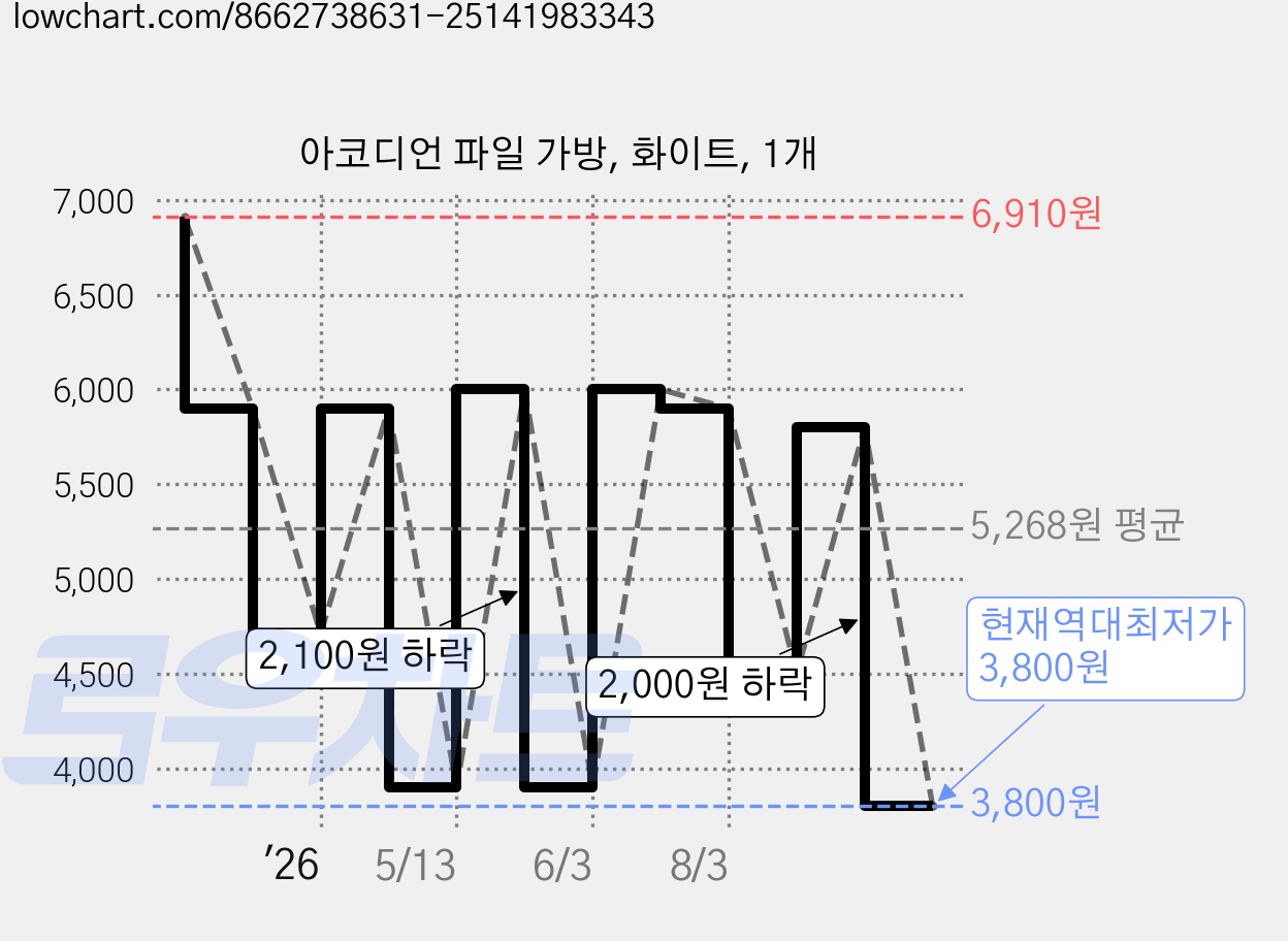 아코디언 파일 가방, 화이트, 1개 가격 변동 차트, 현재가 3,800원, 역대최저가