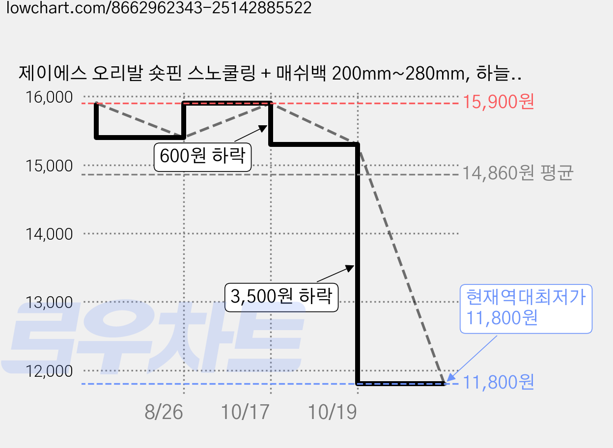 제이에스 오리발 숏핀 스노쿨링 + 매쉬백 200mm~280mm, 하늘색 가격 변동 차트, 현재가 11,800원, 역대최저가