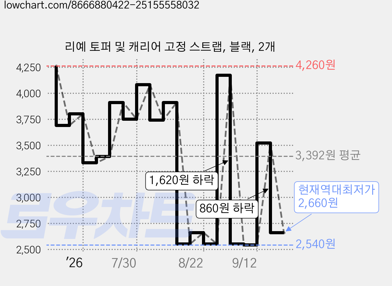 리예 토퍼 및 캐리어 고정 스트랩, 블랙, 2개 가격 변동 차트, 현재가 2,660원, 역대최저가