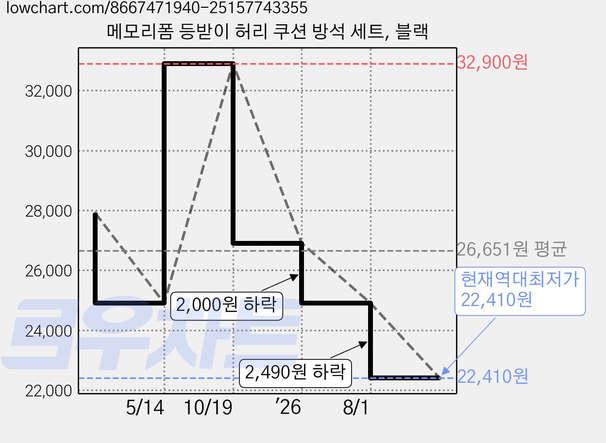 메모리폼 등받이 허리 쿠션 방석 세트, 블랙 가격 변동 차트, 현재가 22,410원, 역대최저가