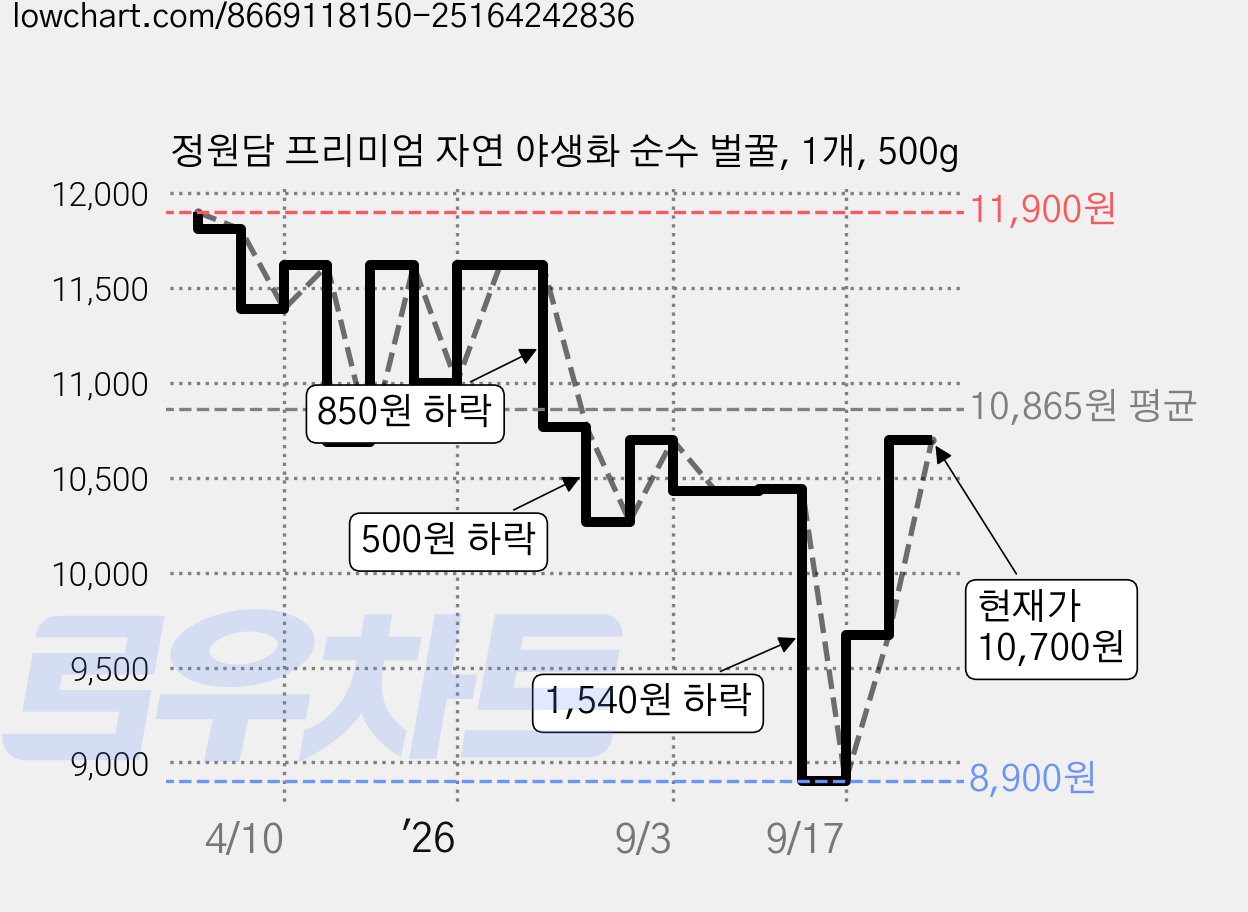 정원담 프리미엄 자연 야생화 순수 벌꿀, 1개, 500g 가격 변동 차트, 현재가 10,700원, 관측 최저가 8,900원