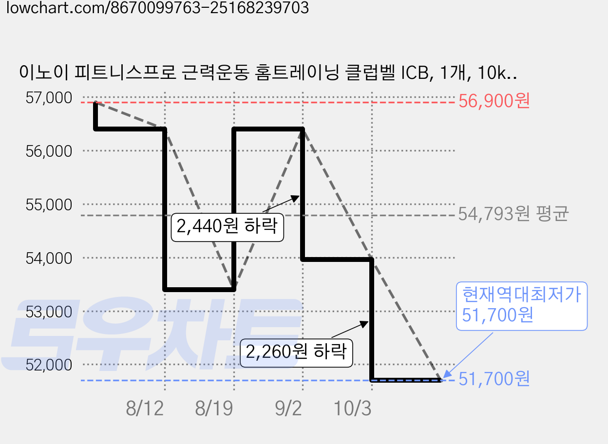 이노이 피트니스프로 근력운동 홈트레이닝 클럽벨 ICB, 1개, 10kg 가격 변동 차트, 현재가 51,700원, 역대최저가