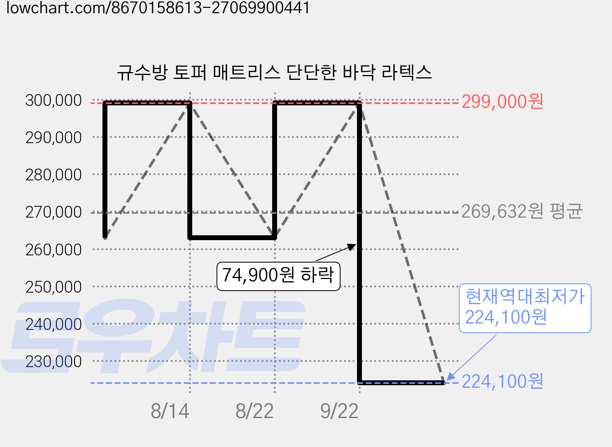규수방 토퍼 매트리스 단단한 바닥 라텍스 가격 변동 차트, 현재가 224,100원, 역대최저가