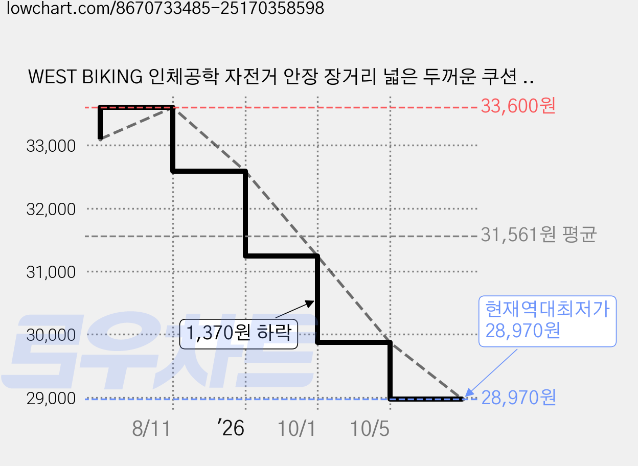 WEST BIKING 인체공학 자전거 안장 장거리 넓은 두꺼운 쿠션 MTB 투어링 이-바이크 시트, 1개, Black 가격 변동 차트, 현재가 28,970원, 역대최저가