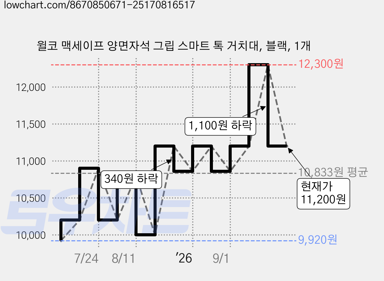 윌코 맥세이프 양면자석 그립 스마트 톡 거치대, 블랙, 1개 가격 변동 차트, 현재가 11,200원, 관측 최저가 9,920원