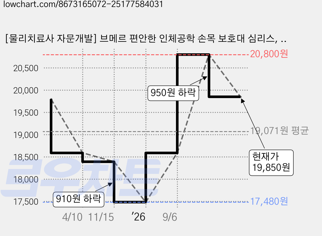 [물리치료사 자문개발] 브메르 편안한 인체공학 손목 보호대 심리스, 2개, 블랙 가격 변동 차트, 현재가 19,850원, 관측 최저가 17,480원