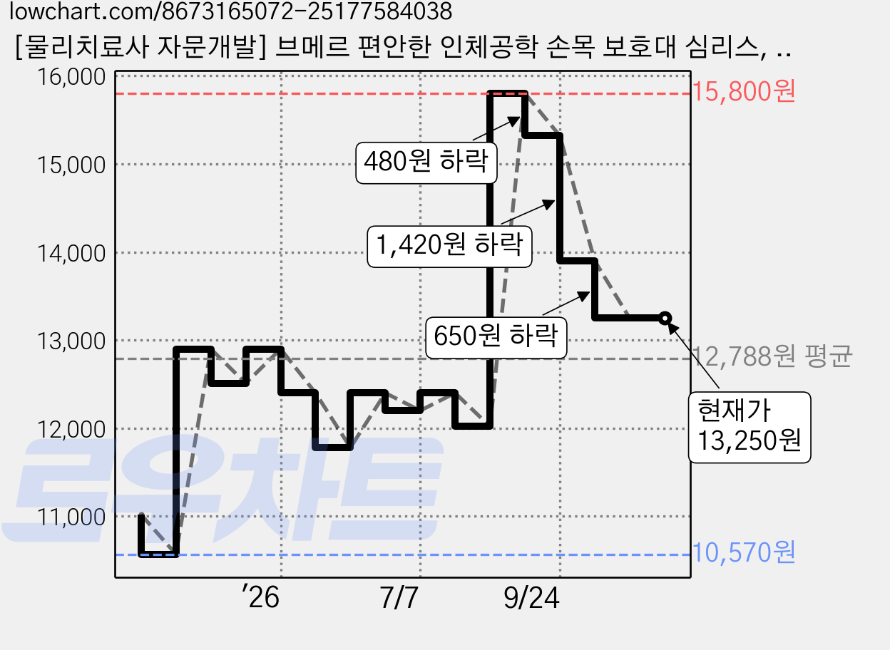 [물리치료사 자문개발] 브메르 편안한 인체공학 손목 보호대 심리스, 1개, 베이지 가격 변동 차트, 현재가 13,250원, 관측 최저가 10,570원