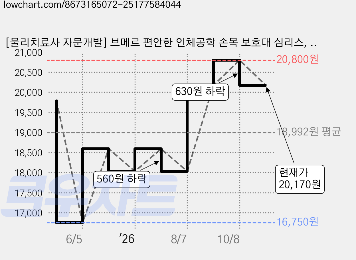 [물리치료사 자문개발] 브메르 편안한 인체공학 손목 보호대 심리스, 2개, 베이지 가격 변동 차트, 현재가 20,170원, 관측 최저가 16,750원