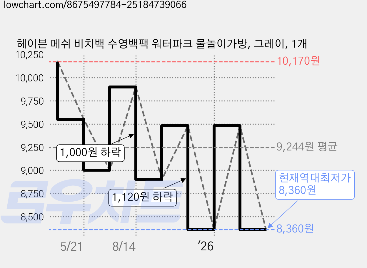 헤이븐 메쉬 비치백 수영백팩 워터파크 물놀이가방, 그레이, 1개 가격 변동 차트, 현재가 8,360원, 역대최저가