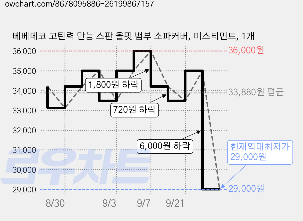 베베데코 고탄력 만능 스판 올핏 뱀부 소파커버, 미스티민트, 1개 가격 변동 차트, 현재가 29,000원, 역대최저가