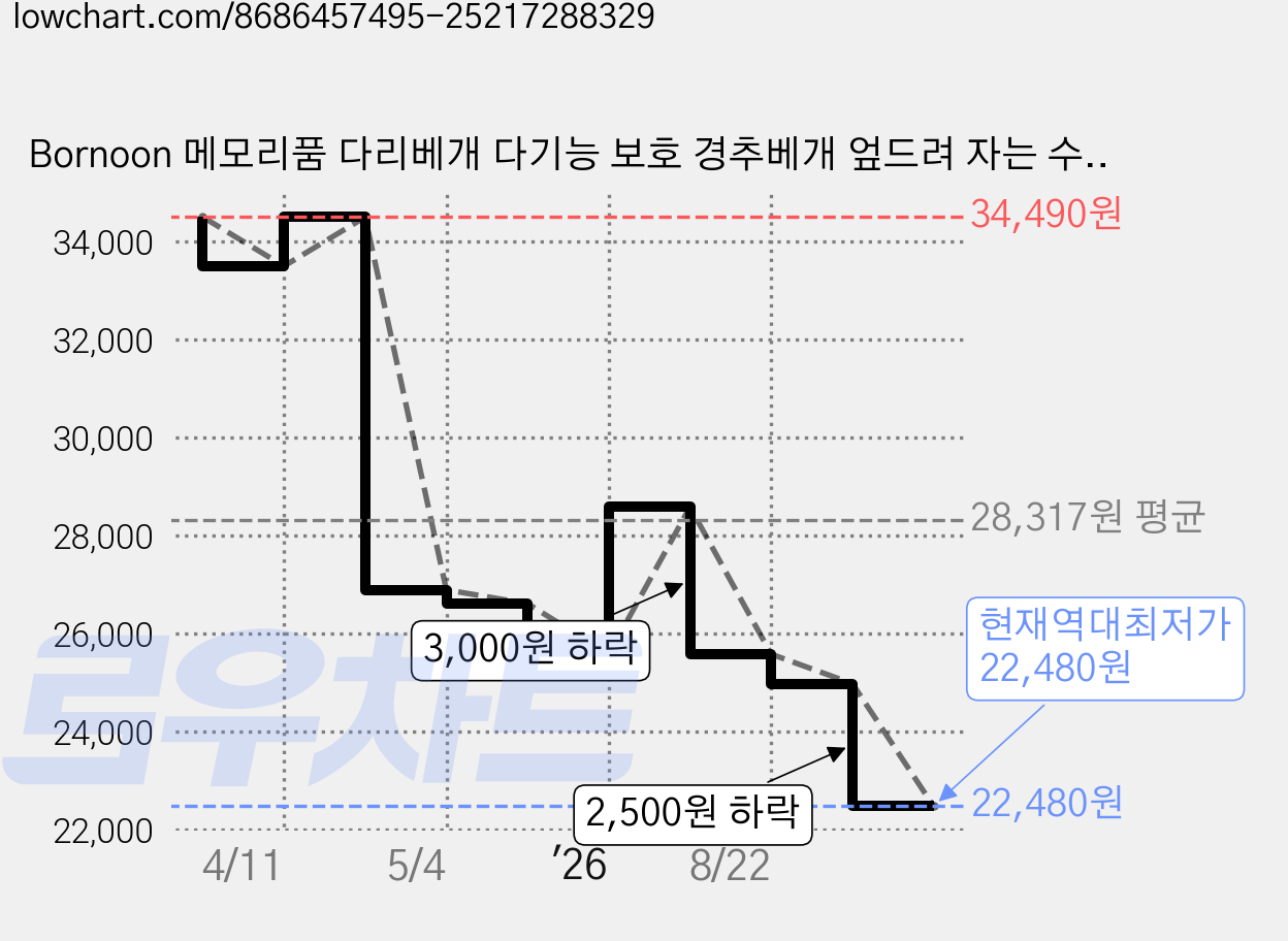 Bornoon 메모리품 다리베개 다기능 보호 경추베개 엎드려 자는 수면베개, 1개, 다크그레이 가격 변동 차트, 현재가 22,480원, 역대최저가