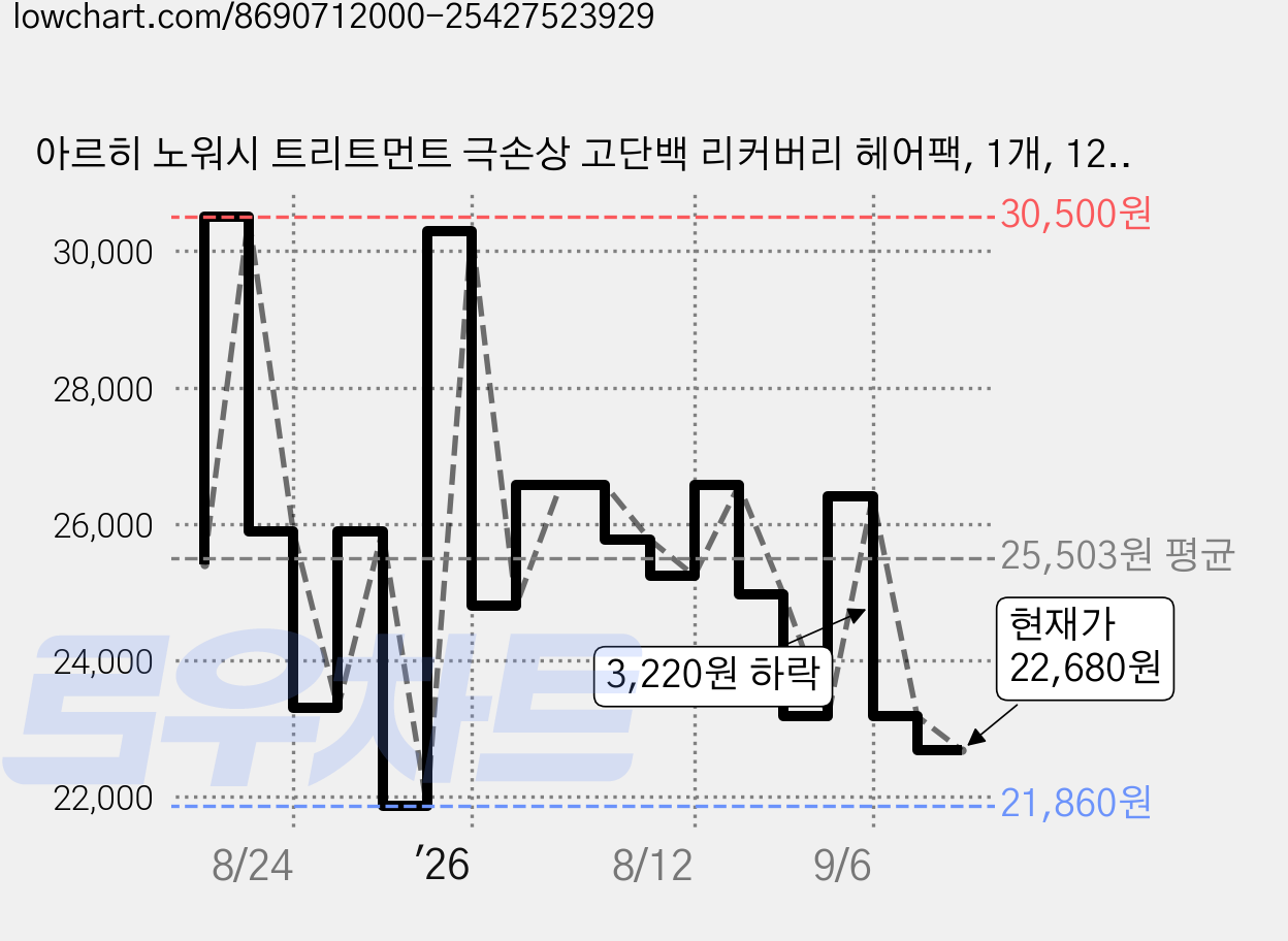아르히 노워시 트리트먼트 극손상 고단백 리커버리 헤어팩, 1개, 120ml 가격 변동 차트, 현재가 22,680원, 관측 최저가 21,860원