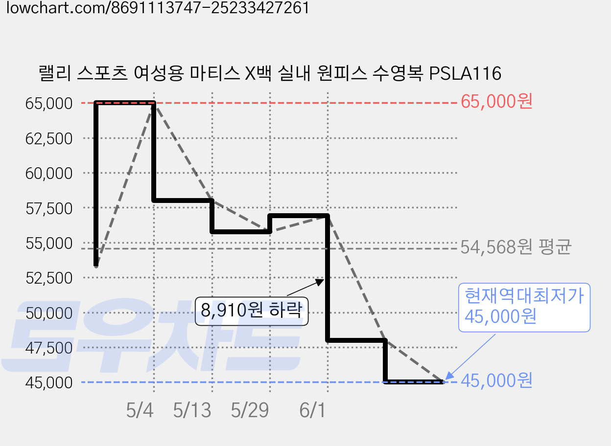 랠리 스포츠 여성용 마티스 X백 실내 원피스 수영복 PSLA116 가격 변동 차트, 현재가 45,000원, 역대최저가