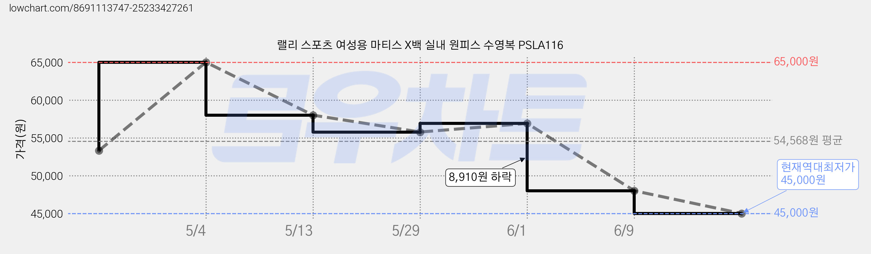 랠리 스포츠 여성용 마티스 X백 실내 원피스 수영복 PSLA116 가격 변동 차트, 현재가 45,000원, 역대최저가