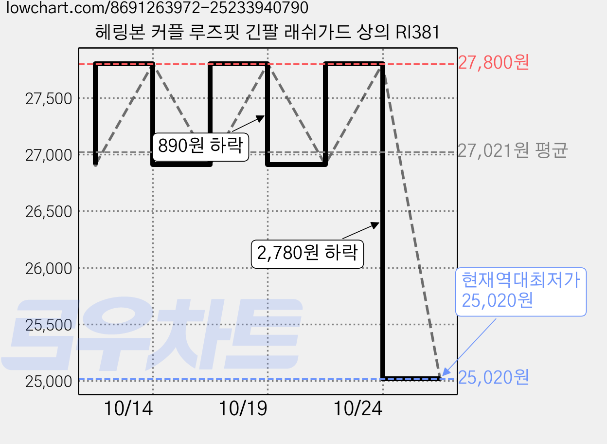 헤링본 커플 루즈핏 긴팔 래쉬가드 상의 RI381 가격 변동 차트, 현재가 25,020원, 역대최저가