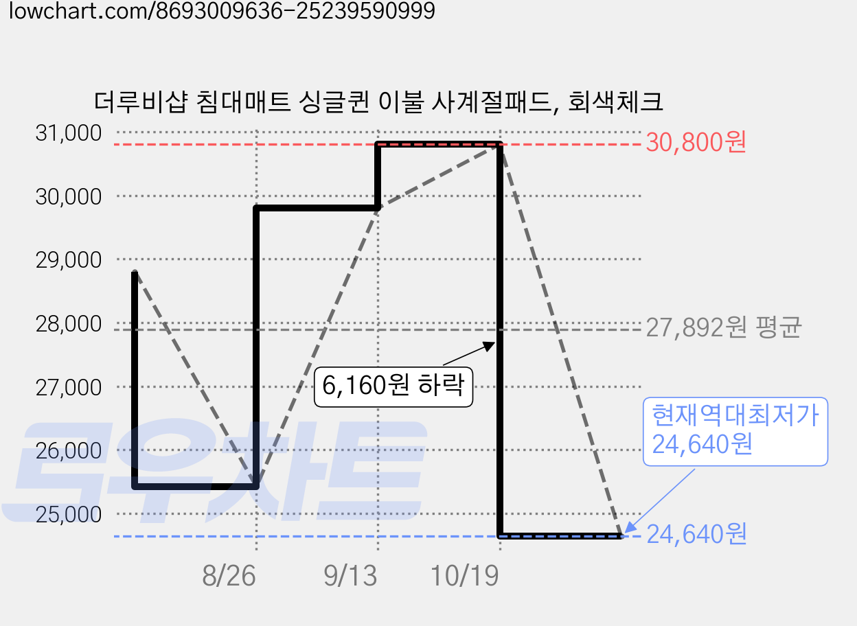 더루비샵 침대매트 싱글퀸 이불 사계절패드, 회색체크 가격 변동 차트, 현재가 24,640원, 역대최저가