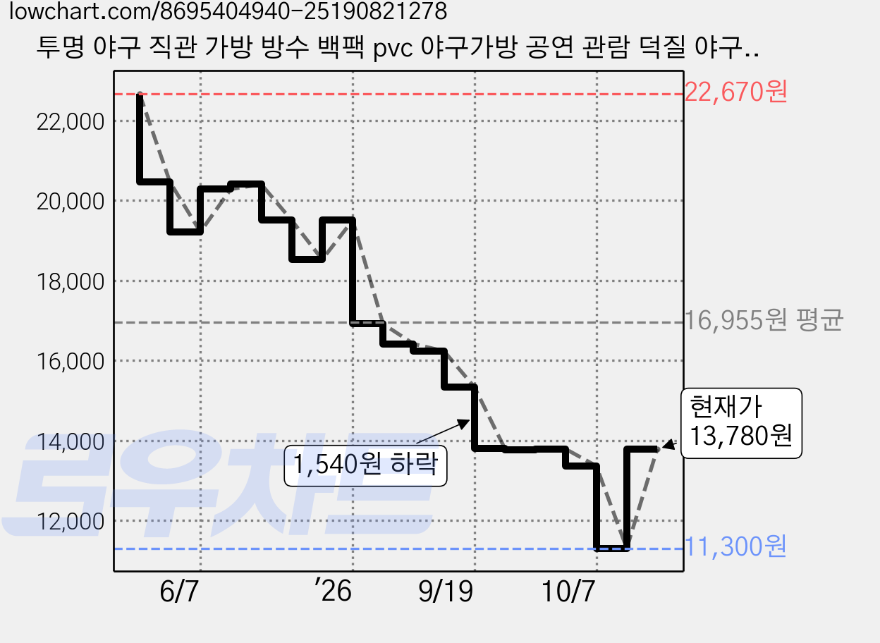 투명 야구 직관 가방 방수 백팩 pvc 야구가방 공연 관람 덕질 야구장 준비물 비치 짐가방, 블랙, 1개 가격 변동 차트, 현재가 13,780원, 관측 최저가 11,300원