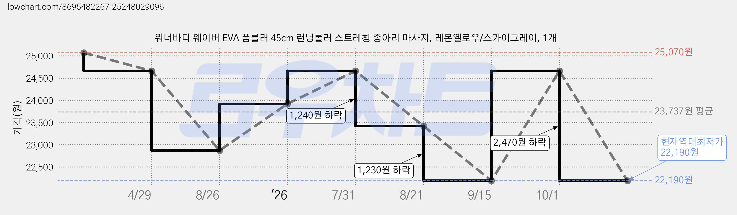 워너바디 웨이버 EVA 폼롤러 45cm 런닝롤러 스트레칭 종아리 마사지, 레몬옐로우/스카이그레이, 1개 가격 변동 차트, 현재가 22,190원, 역대최저가
