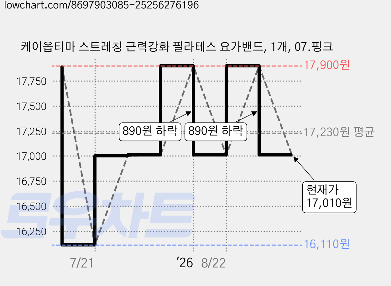 케이옵티마 스트레칭 근력강화 필라테스 요가밴드, 1개, 07.핑크 가격 변동 차트, 현재가 17,010원, 관측 최저가 16,110원