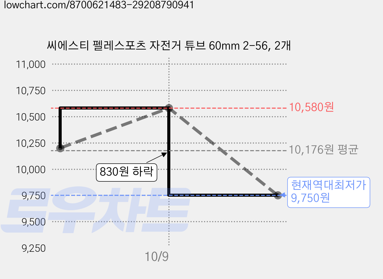 씨에스티 펠레스포츠 자전거 튜브 60mm 2-56, 2개 가격 변동 차트, 현재가 9,750원, 역대최저가