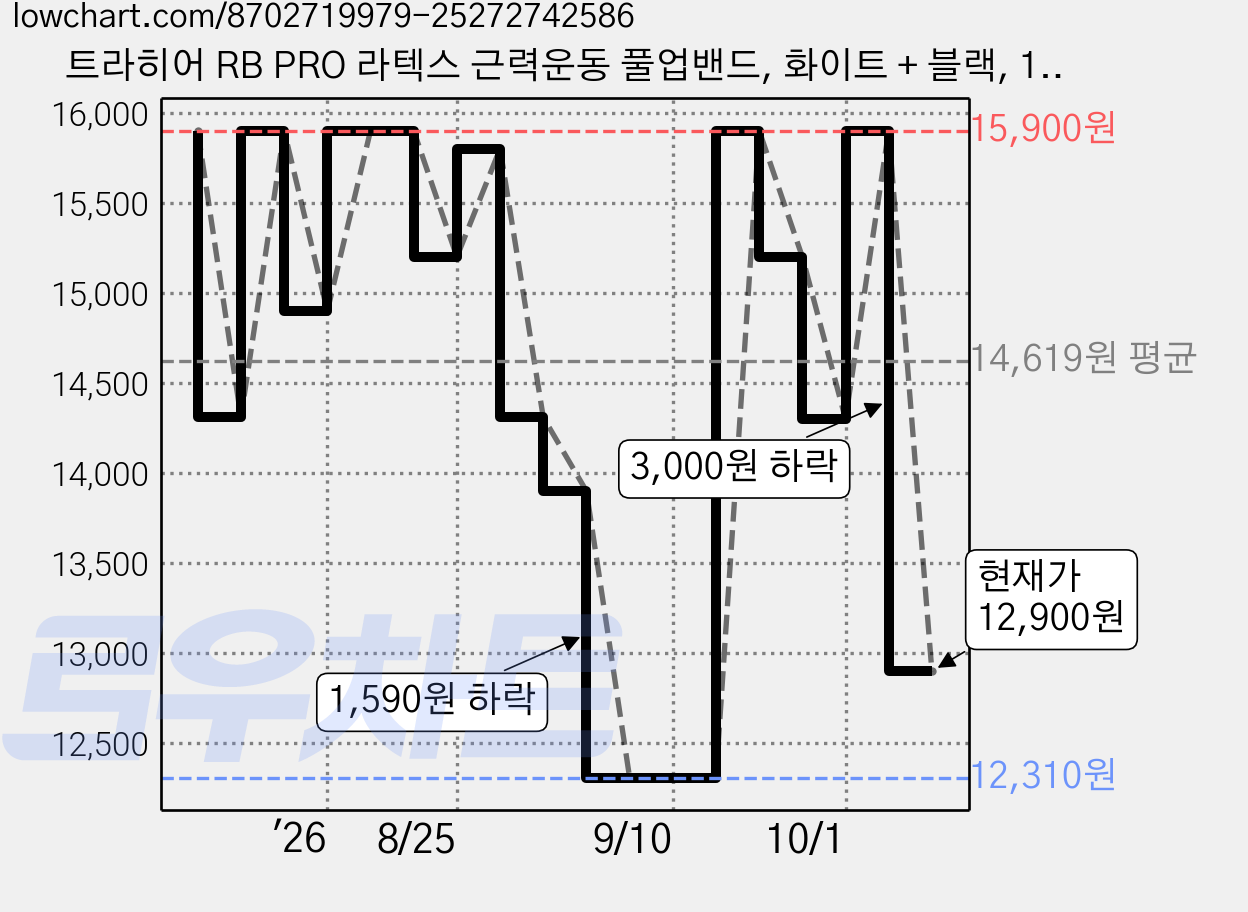 트라히어 RB PRO 라텍스 근력운동 풀업밴드, 화이트 + 블랙, 1개 가격 변동 차트, 현재가 12,900원, 관측 최저가 12,310원
