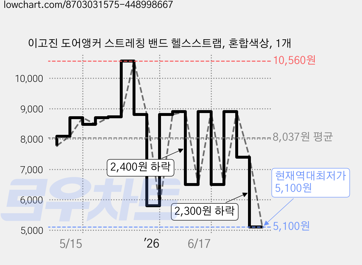 이고진 도어앵커 스트레칭 밴드 헬스스트랩, 혼합색상, 1개 가격 변동 차트, 현재가 5,100원, 역대최저가