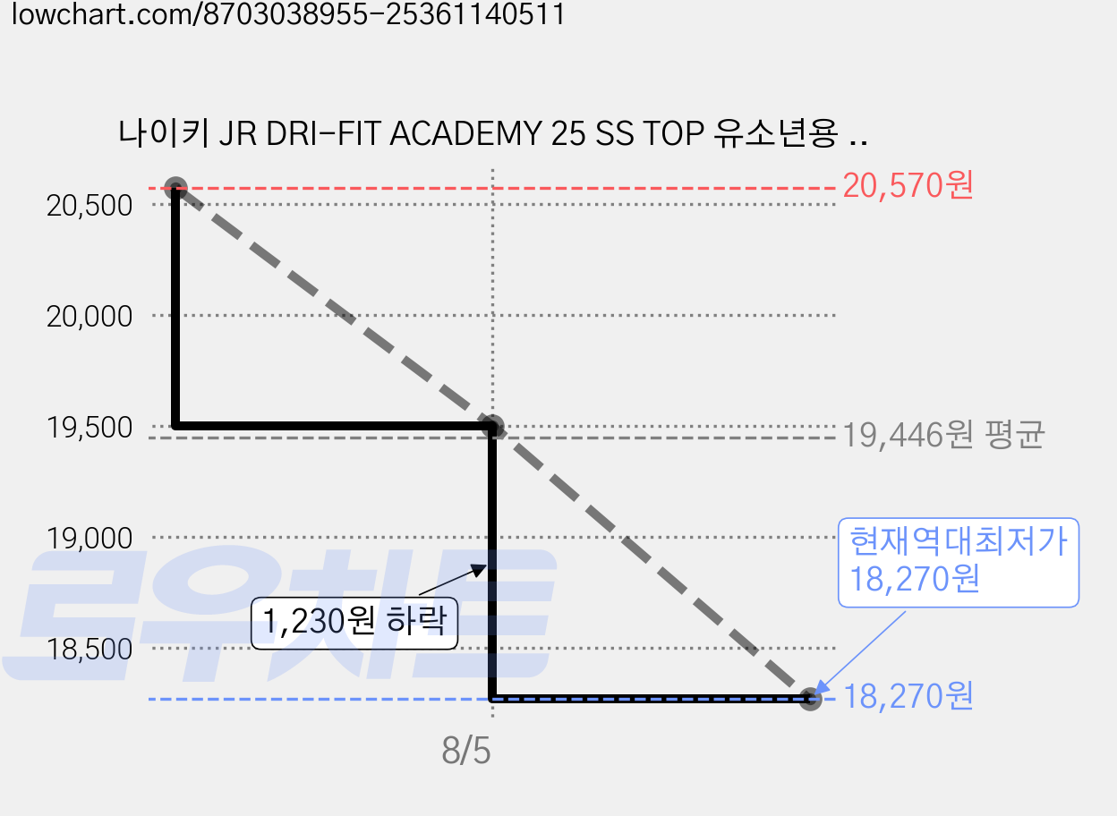 나이키 JR DRI-FIT ACADEMY 25 SS TOP 유소년용 운동 러닝 반팔 탑 저지 가격 변동 차트, 현재가 18,270원, 역대최저가