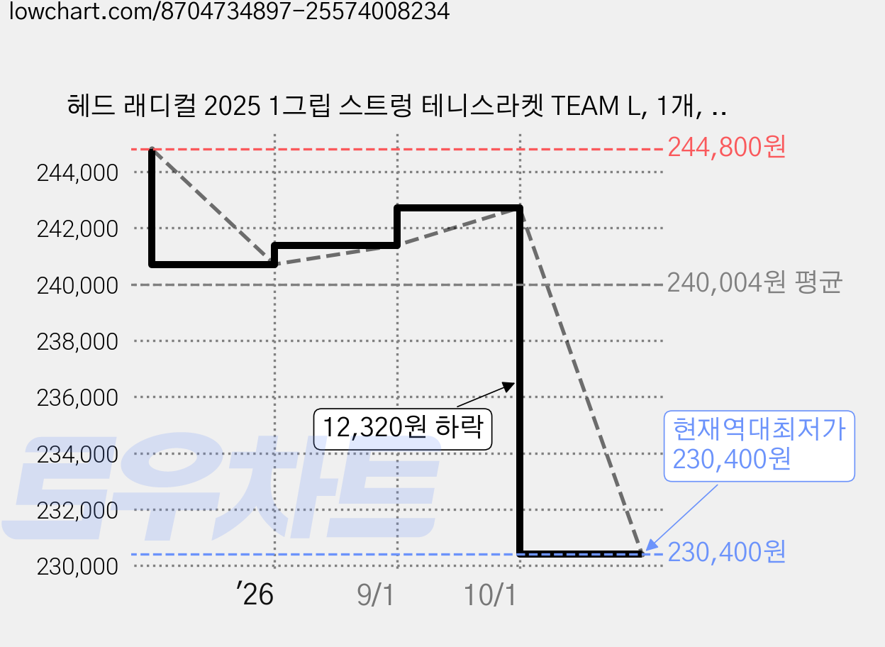 헤드 래디컬 2025 1그립 스트렁 테니스라켓 TEAM L, 1개, 오렌지 + 레드, 231035 가격 변동 차트, 현재가 230,400원, 역대최저가