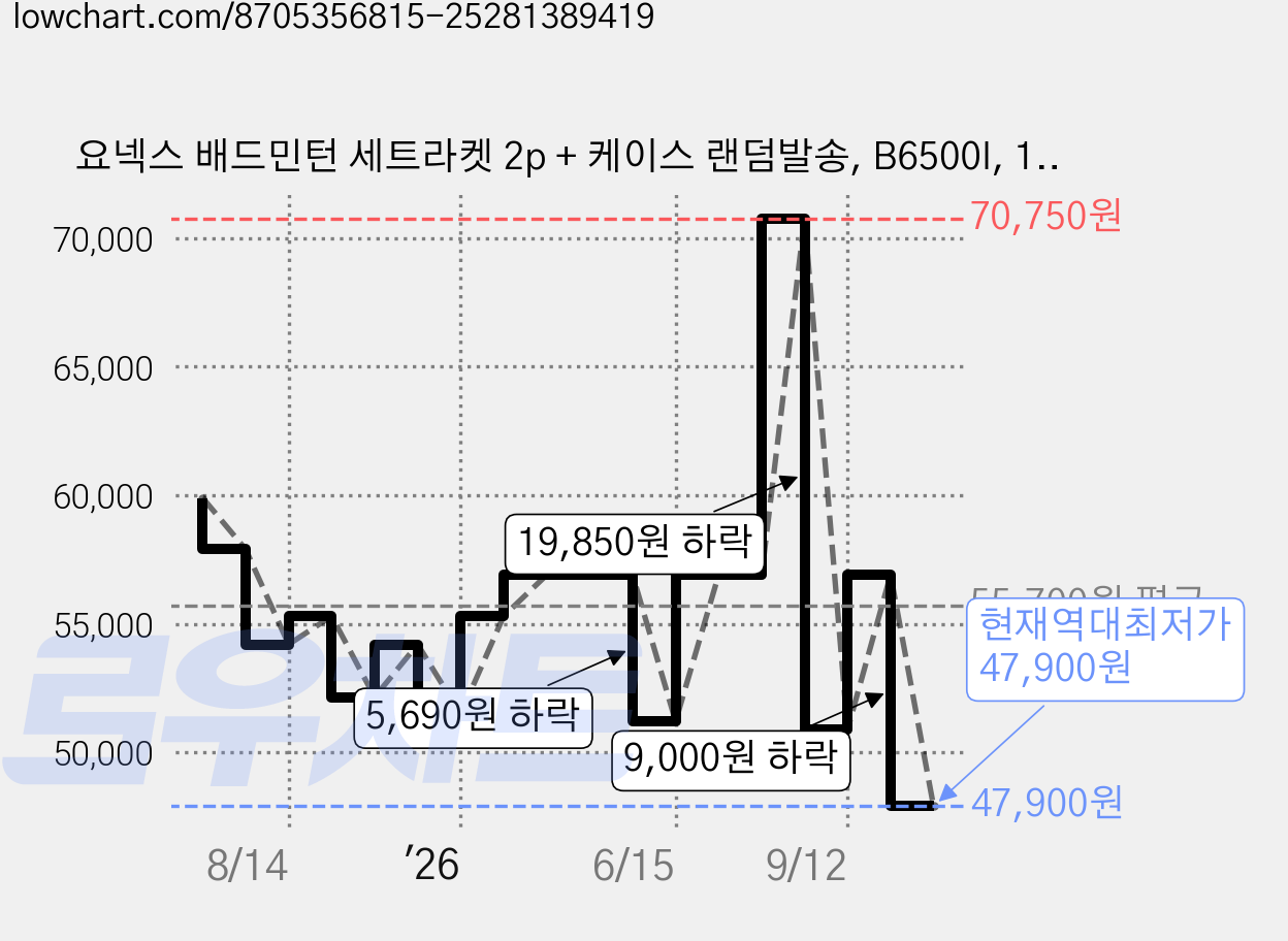 요넥스 배드민턴 세트라켓 2p + 케이스 랜덤발송, B6500I, 1세트 가격 변동 차트, 현재가 47,900원, 역대최저가