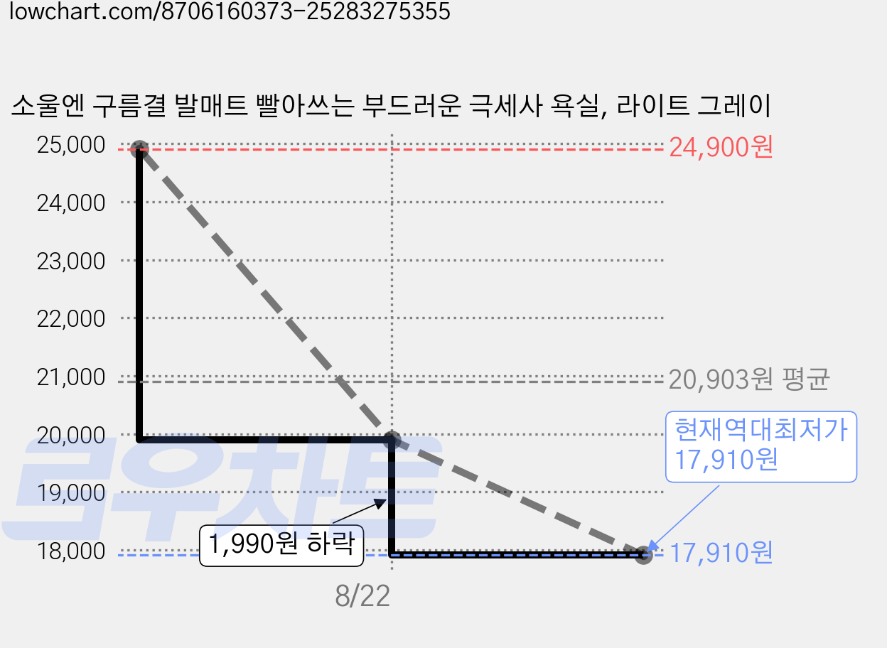 소울엔 구름결 발매트 빨아쓰는 부드러운 극세사 욕실, 라이트 그레이 가격 변동 차트, 현재가 17,910원, 역대최저가