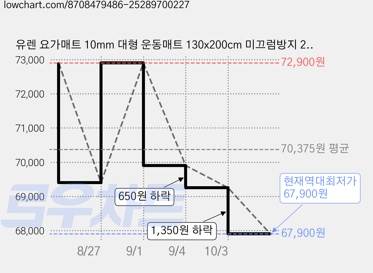 유렌 요가매트 10mm 대형 운동매트 130x200cm 미끄럼방지 2인용 NBR 헬스매트, 블랙, 1개 가격 변동 차트, 현재가 67,900원, 역대최저가