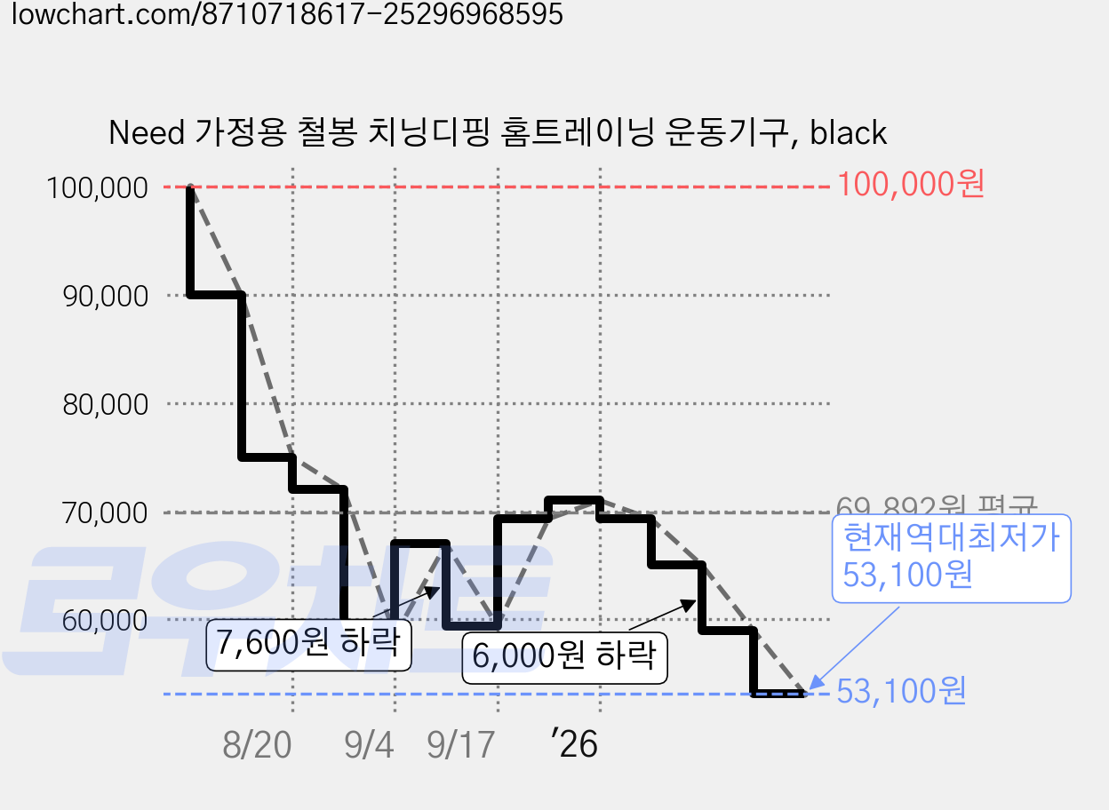 Need 가정용 철봉 치닝디핑 홈트레이닝 운동기구, black 가격 변동 차트, 현재가 53,100원, 역대최저가