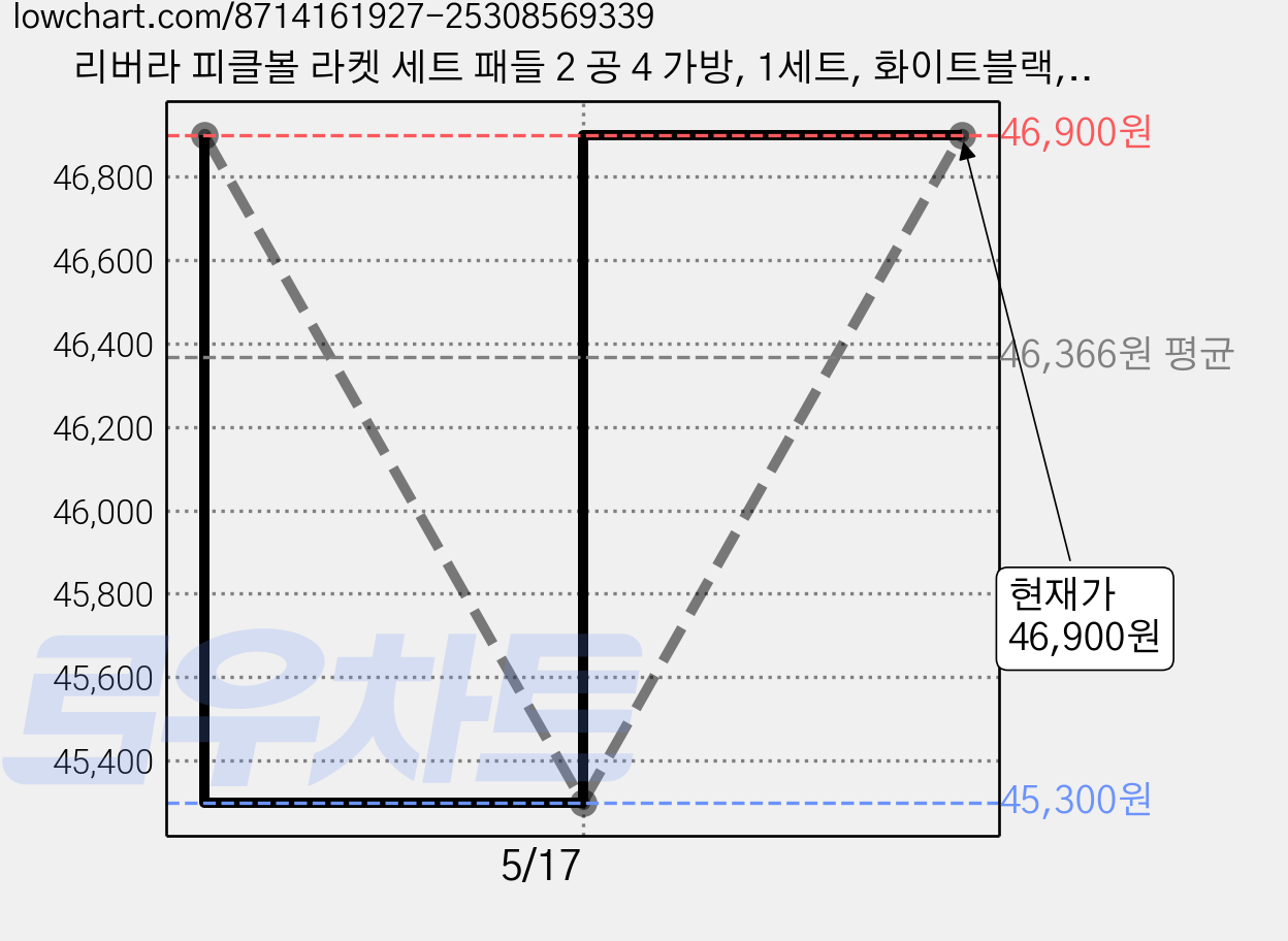 리버라 피클볼 라켓 세트 패들 2 공 4 가방, 1세트, 화이트블랙, LB-F01 가격 변동 차트, 현재가 46,900원, 관측 최저가 45,300원