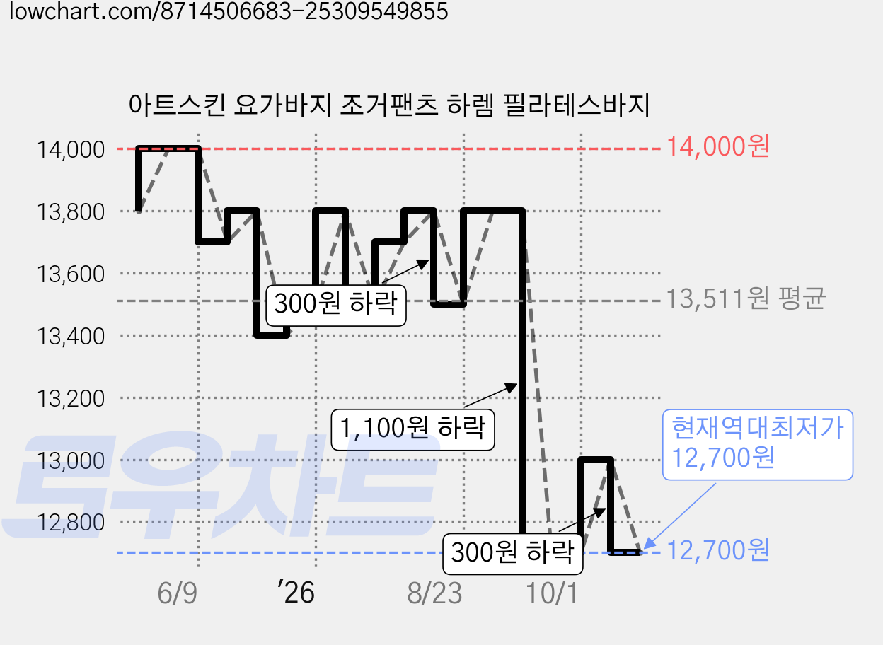 아트스킨 요가바지 조거팬츠 하렘 필라테스바지 가격 변동 차트, 현재가 12,700원, 역대최저가