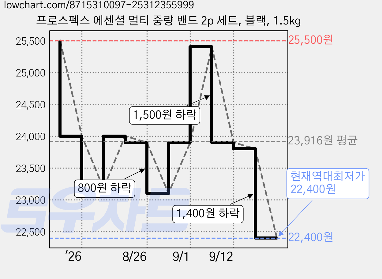 프로스펙스 에센셜 멀티 중량 밴드 2p 세트, 블랙, 1.5kg 가격 변동 차트, 현재가 22,400원, 역대최저가