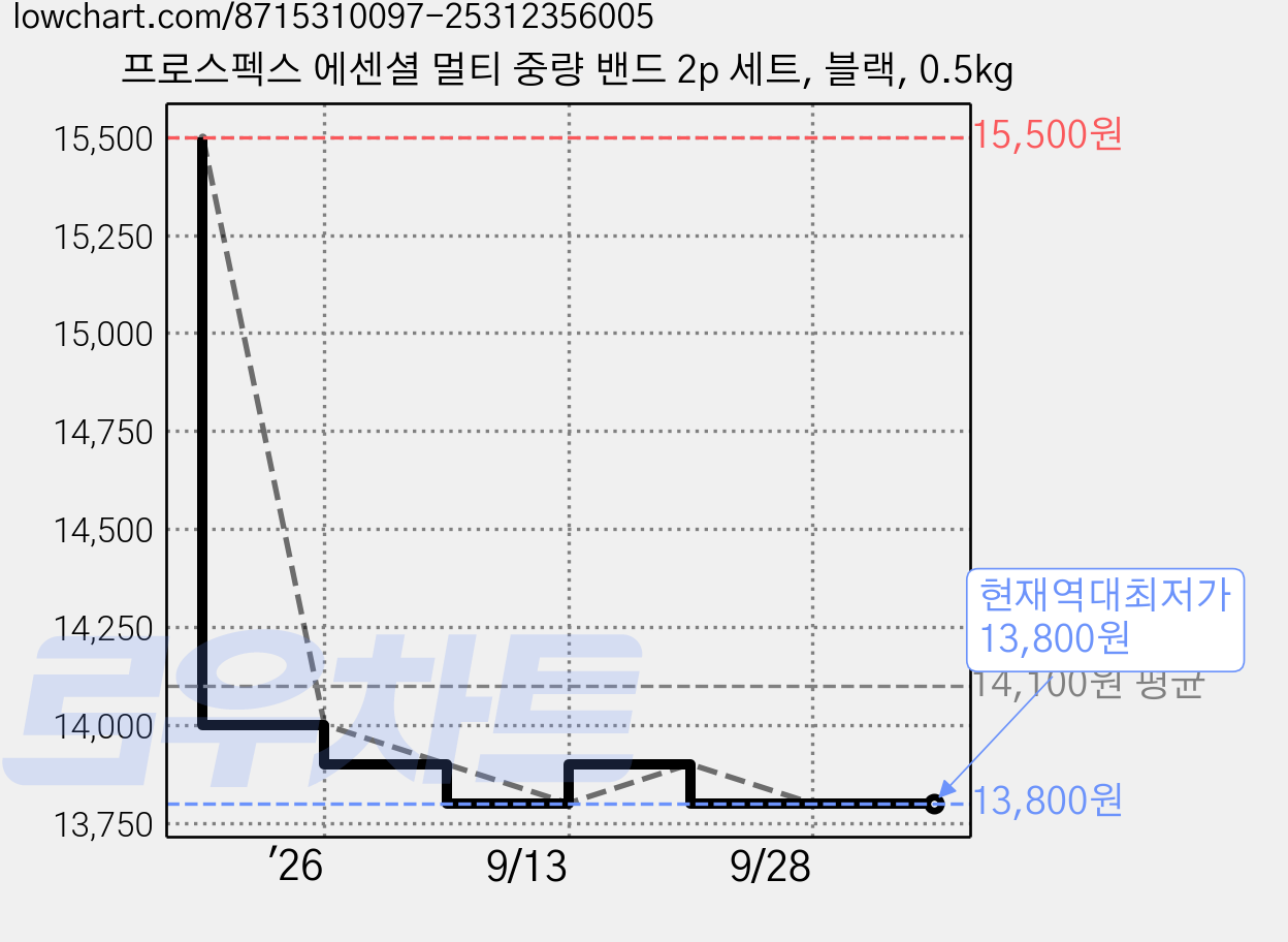 프로스펙스 에센셜 멀티 중량 밴드 2p 세트, 블랙, 0.5kg 가격 변동 차트, 현재가 13,800원, 역대최저가