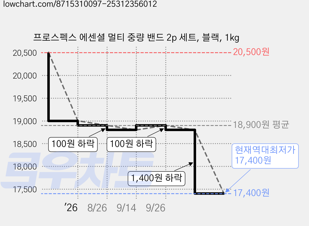 프로스펙스 에센셜 멀티 중량 밴드 2p 세트, 블랙, 1kg 가격 변동 차트, 현재가 17,400원, 역대최저가