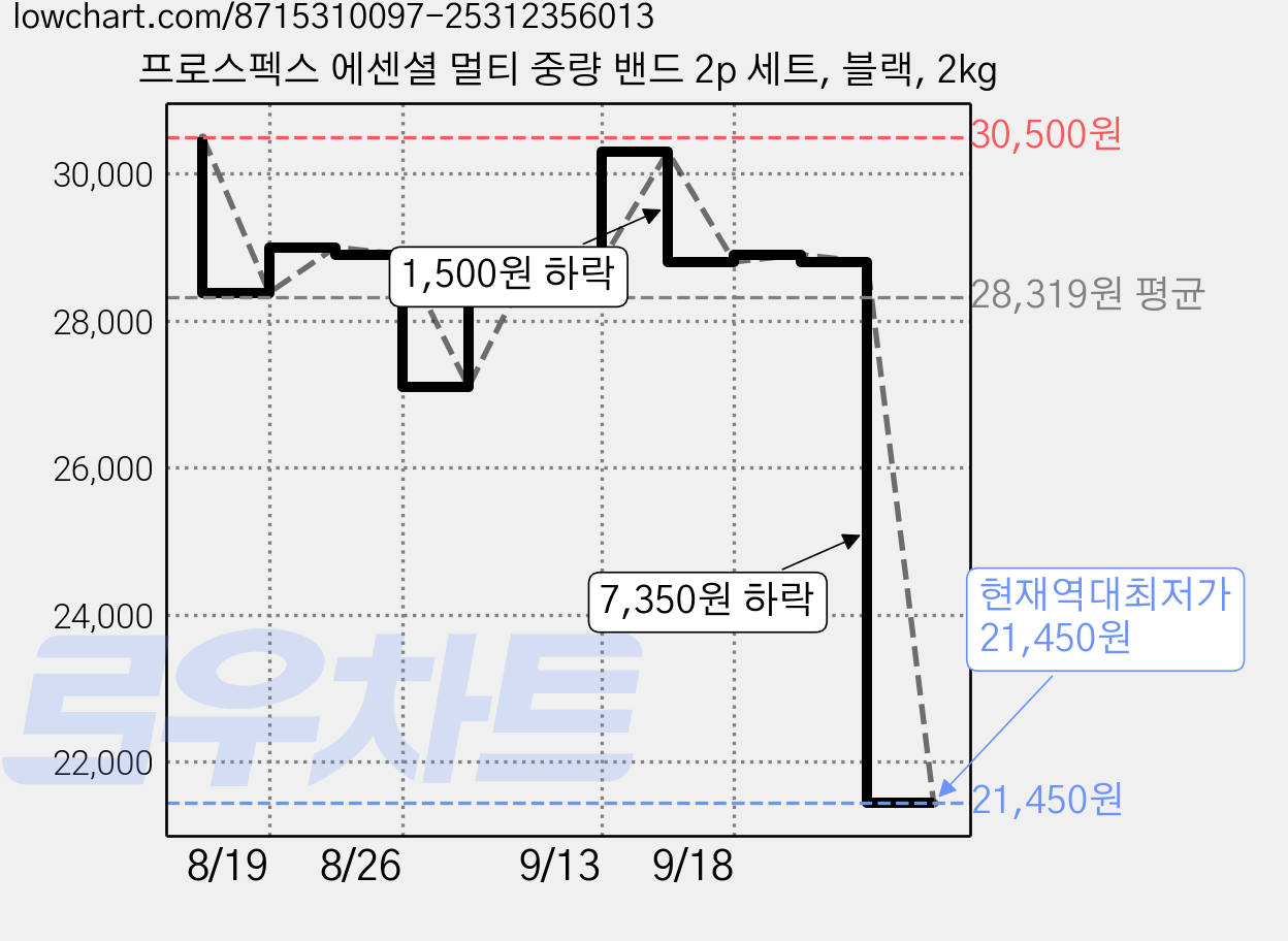 프로스펙스 에센셜 멀티 중량 밴드 2p 세트, 블랙, 2kg 가격 변동 차트, 현재가 21,450원, 역대최저가