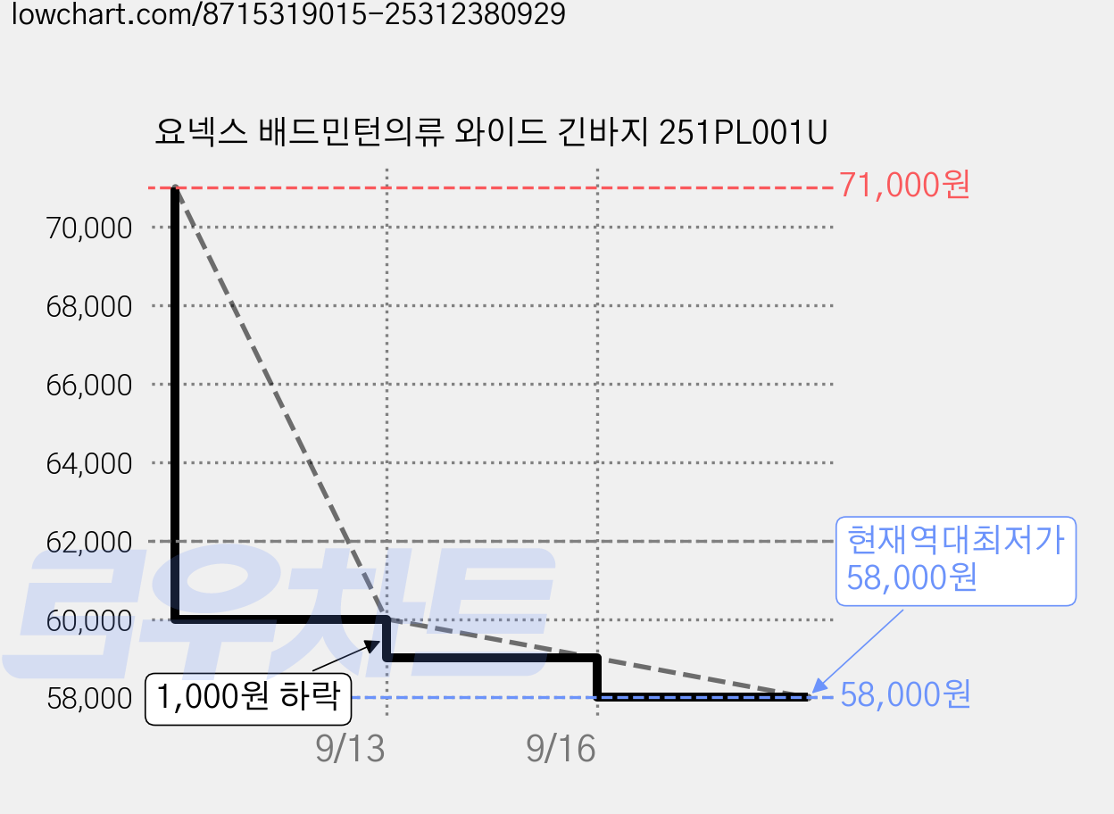 요넥스 배드민턴의류 와이드 긴바지 251PL001U 가격 변동 차트, 현재가 58,000원, 역대최저가