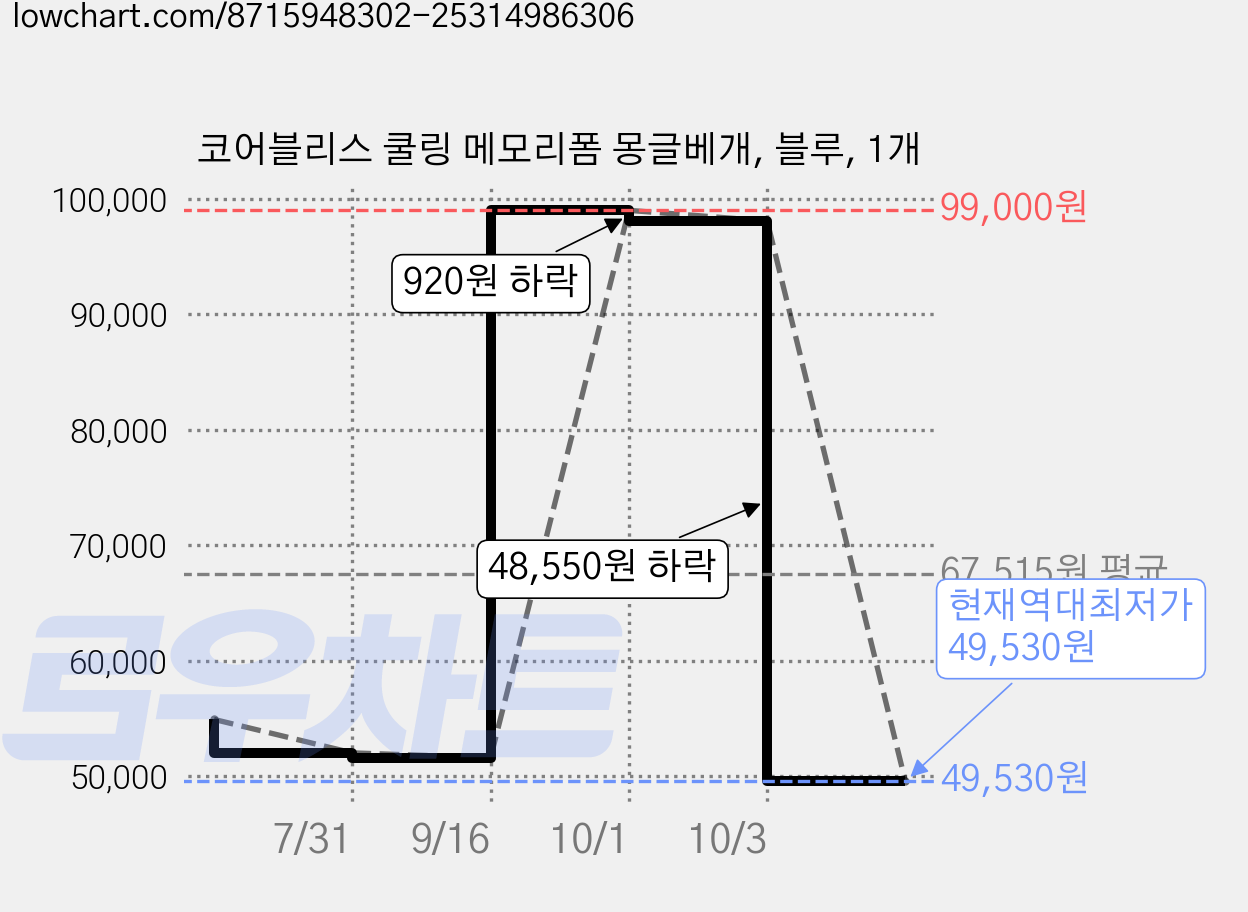코어블리스 쿨링 메모리폼 몽글베개, 블루, 1개 가격 변동 차트, 현재가 49,530원, 역대최저가