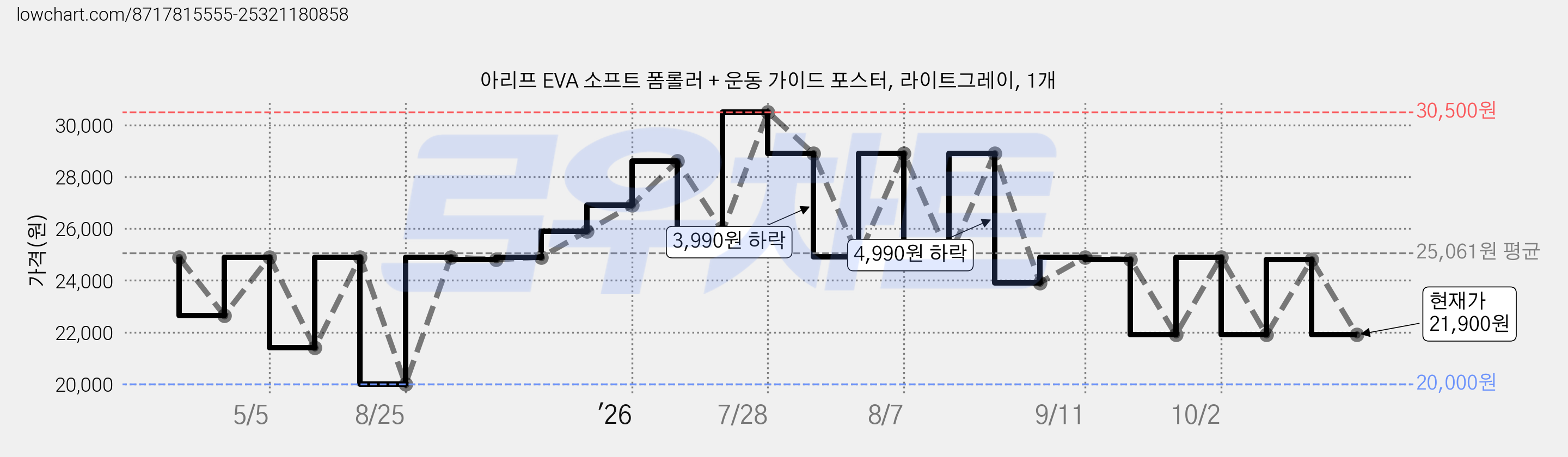 아리프 EVA 소프트 폼롤러 + 운동 가이드 포스터, 라이트그레이, 1개 가격 변동 차트, 현재가 21,900원, 관측 최저가 20,000원