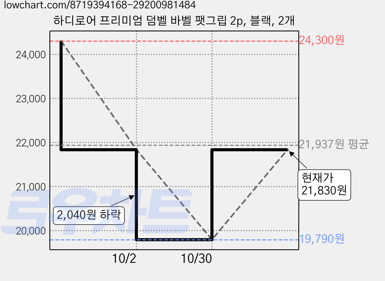 하디로어 프리미엄 덤벨 바벨 팻그립 2p, 블랙, 2개 가격 변동 차트, 현재가 21,830원, 관측 최저가 19,790원