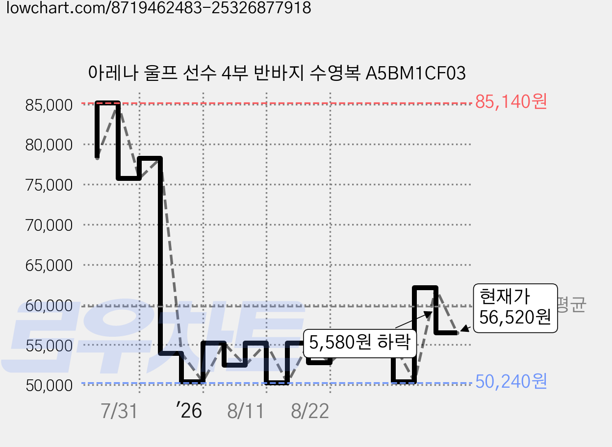 아레나 울프 선수 4부 반바지 수영복 A5BM1CF03 가격 변동 차트, 현재가 56,520원, 관측 최저가 49,680원