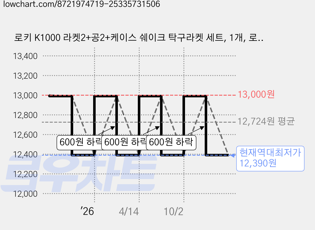 로키 K1000 라켓2+공2+케이스 쉐이크 탁구라켓 세트, 1개, 로키 K1000 쉐이크 탁구라켓 세트 가격 변동 차트, 현재가 12,390원, 역대최저가