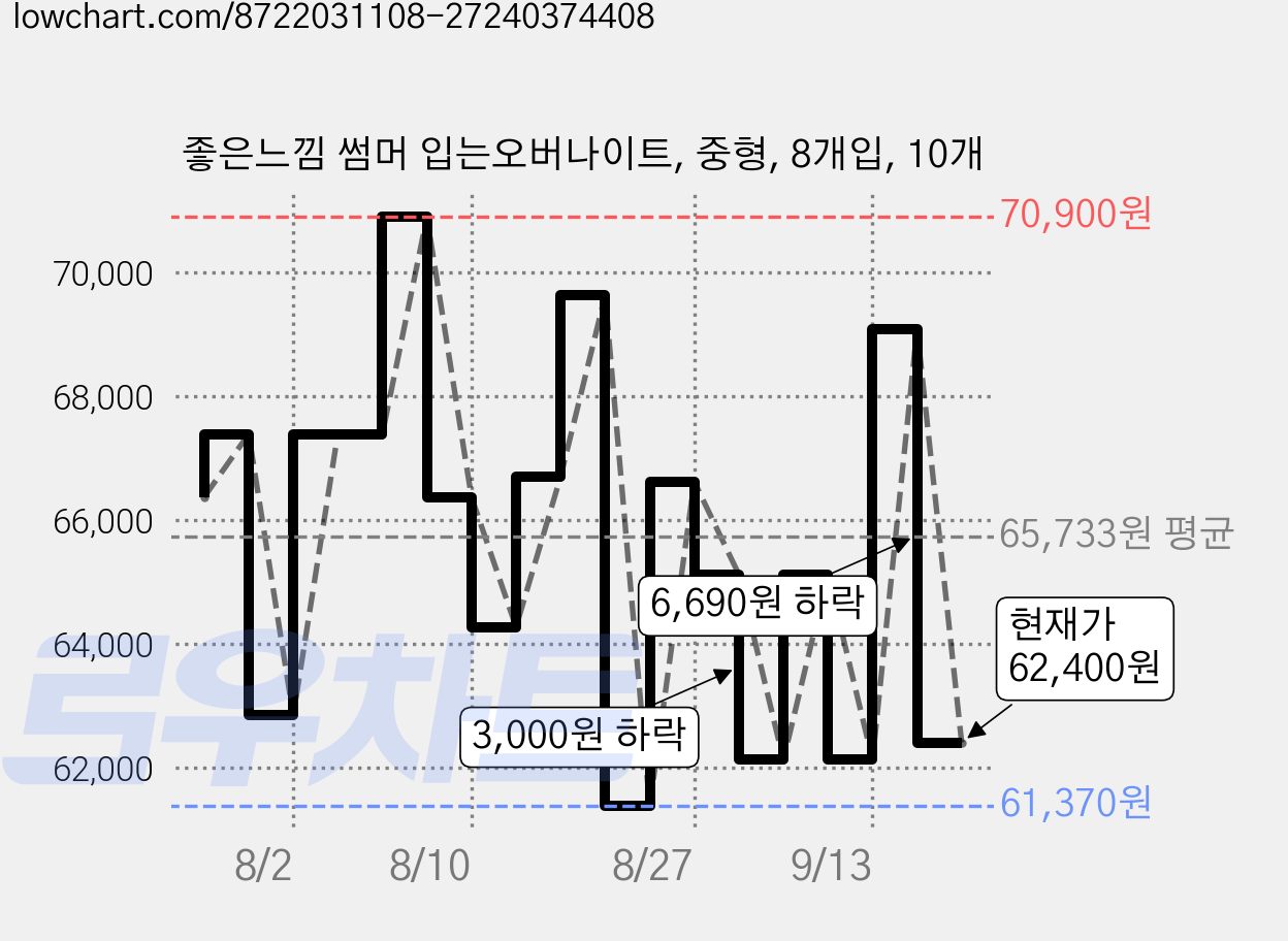 좋은느낌 썸머 입는오버나이트, 중형, 8개입, 10개 가격 변동 차트, 현재가 62,400원, 관측 최저가 60,120원