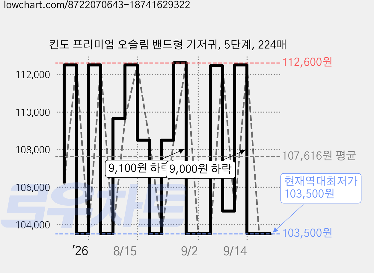 킨도 프리미엄 오슬림 밴드형 기저귀, 5단계, 224매 가격 변동 차트, 현재가 103,500원, 역대최저가