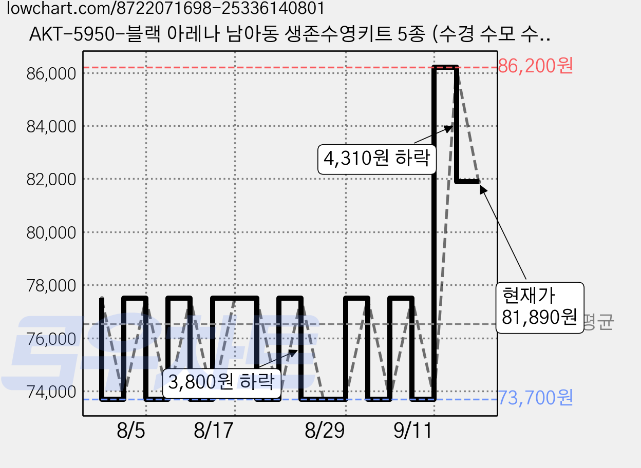 AKT-5950-블랙 아레나 남아동 생존수영키트 5종 (수경 수모 수영복 메쉬가방 타올 폴리백 세트) 가격 변동 차트, 현재가 81,890원, 관측 최저가 73,600원