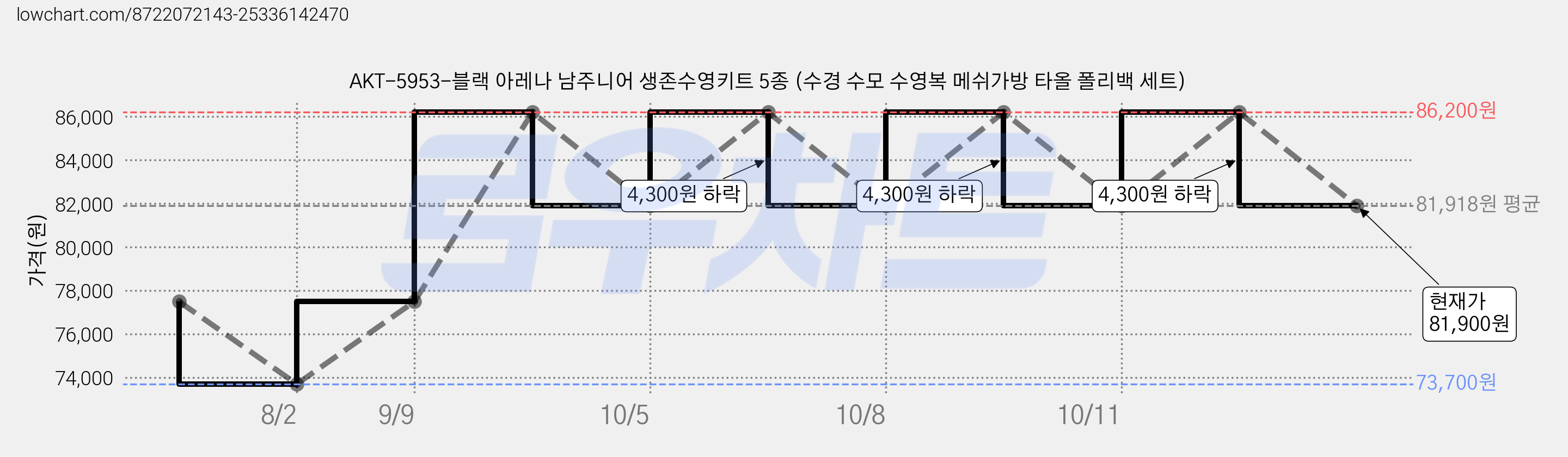 AKT-5953-블랙 아레나 남주니어 생존수영키트 5종 (수경 수모 수영복 메쉬가방 타올 폴리백 세트) 가격 변동 차트, 현재가 81,900원, 관측 최저가 73,700원